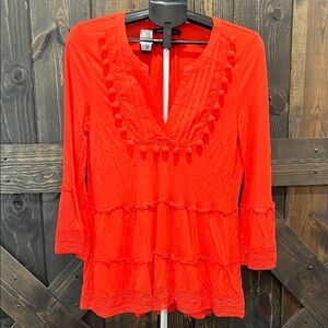 Boston Proper Peasant Top Size M Orange Red Ruffle Pom Poms Crochet Boho Viscose